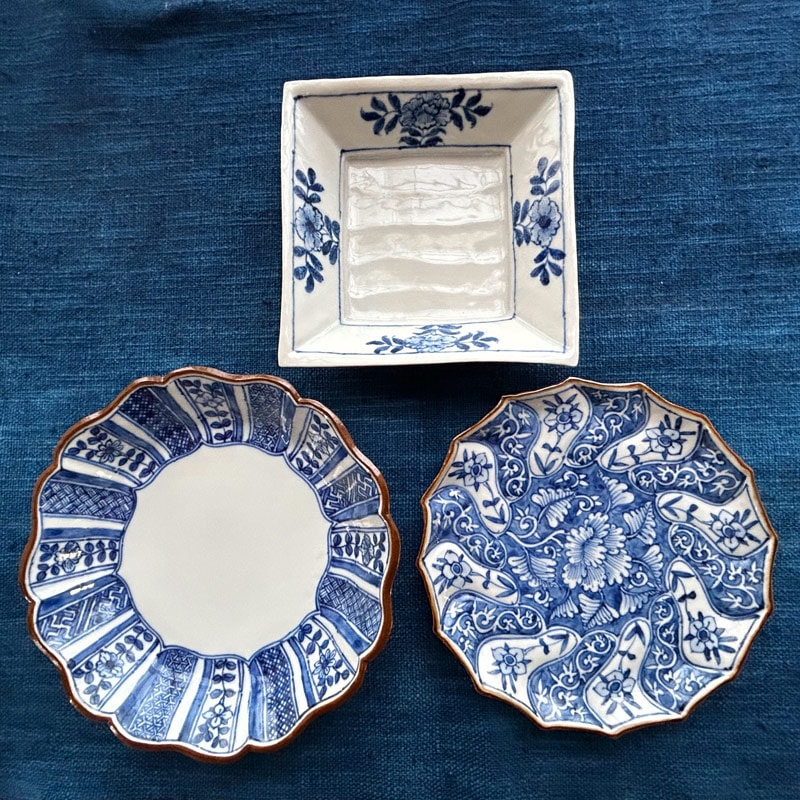 染付草花角皿 京焼清水焼 □加藤雲泉