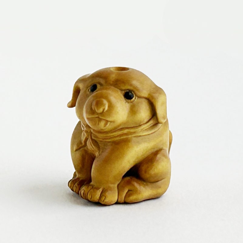 仔犬1」 根付ストラップ 帯飾り 柘植（黄楊・つげ） □光斎
