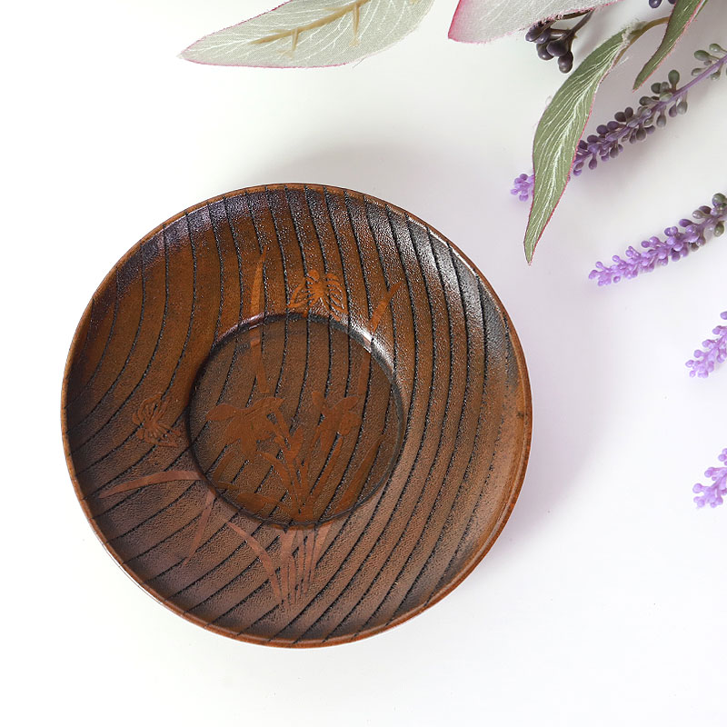 木製 茶托 ラン蝶砂彫り 漆塗り 4寸 12cm 1枚 茶たく 湯呑受け 円形 蘭