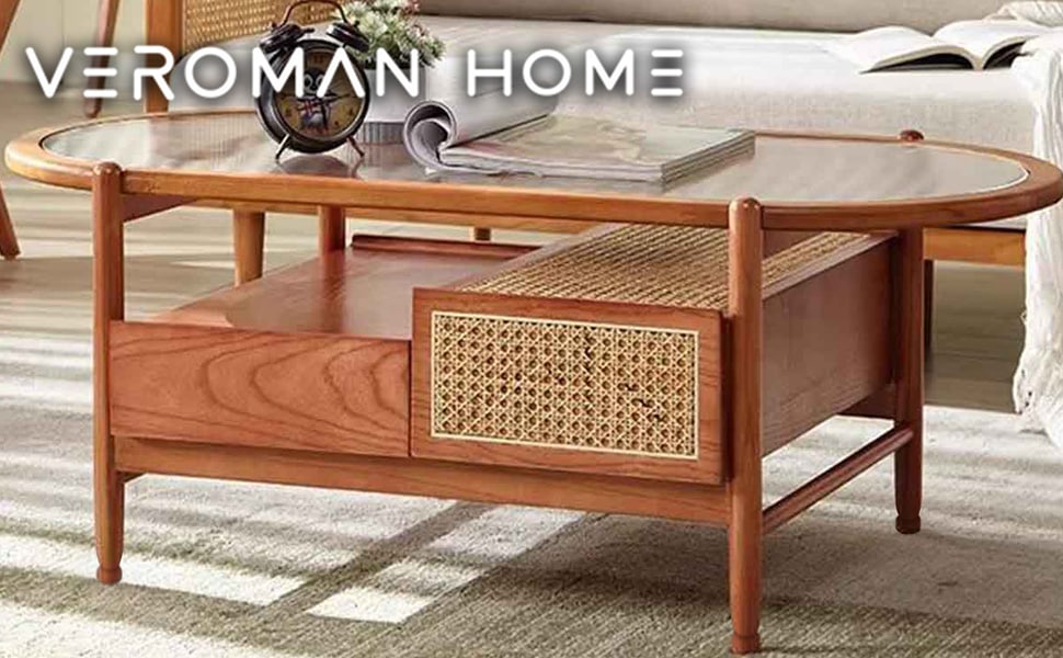 VeroMan ラタン編み ローテーブル 木の温もり ガラス天板 引き出し付き