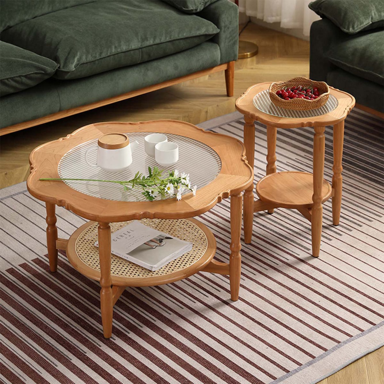 大] VeroMan ラタン編みサイドテーブル ローテーブル テーブル セット