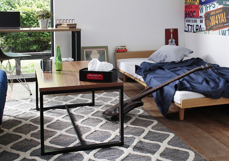 スクエア】スチール×ウッド風 リビングテーブル 110×55×45cm｜ベッド