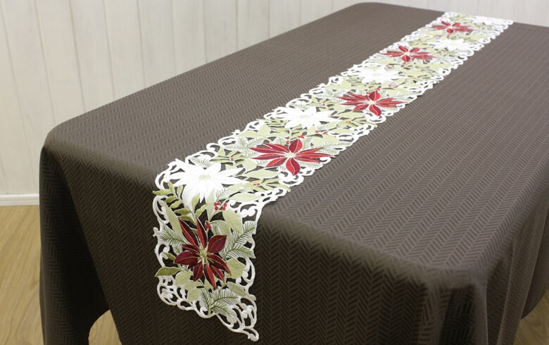 Xmas ポインセチア 刺繍 テーブルランナー 約20×160cm｜インテリア