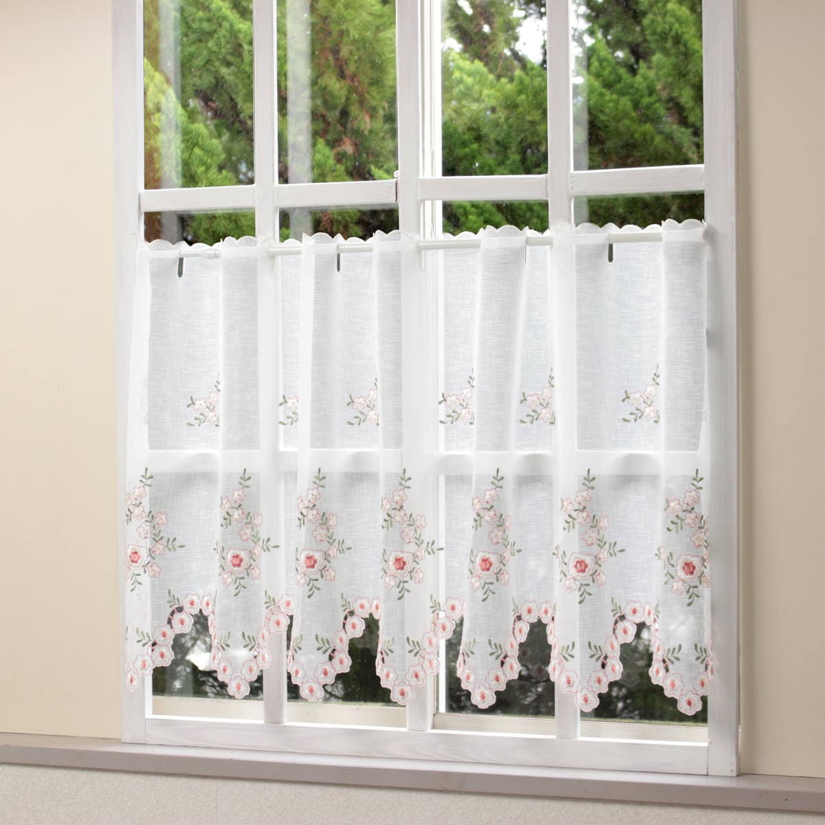 フラワー刺繍 カフェカーテン 約130×60cm｜インテリアレース・テーブル