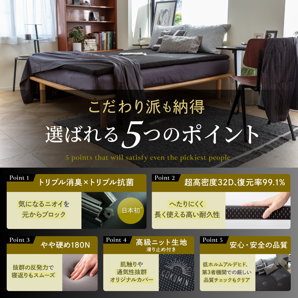 厚さ5cm180Nやや硬め トリプル抗菌加工】高反発マットレス For Men