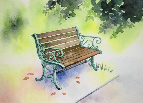 ベンチのある風景: ごくさんの透明水彩画
