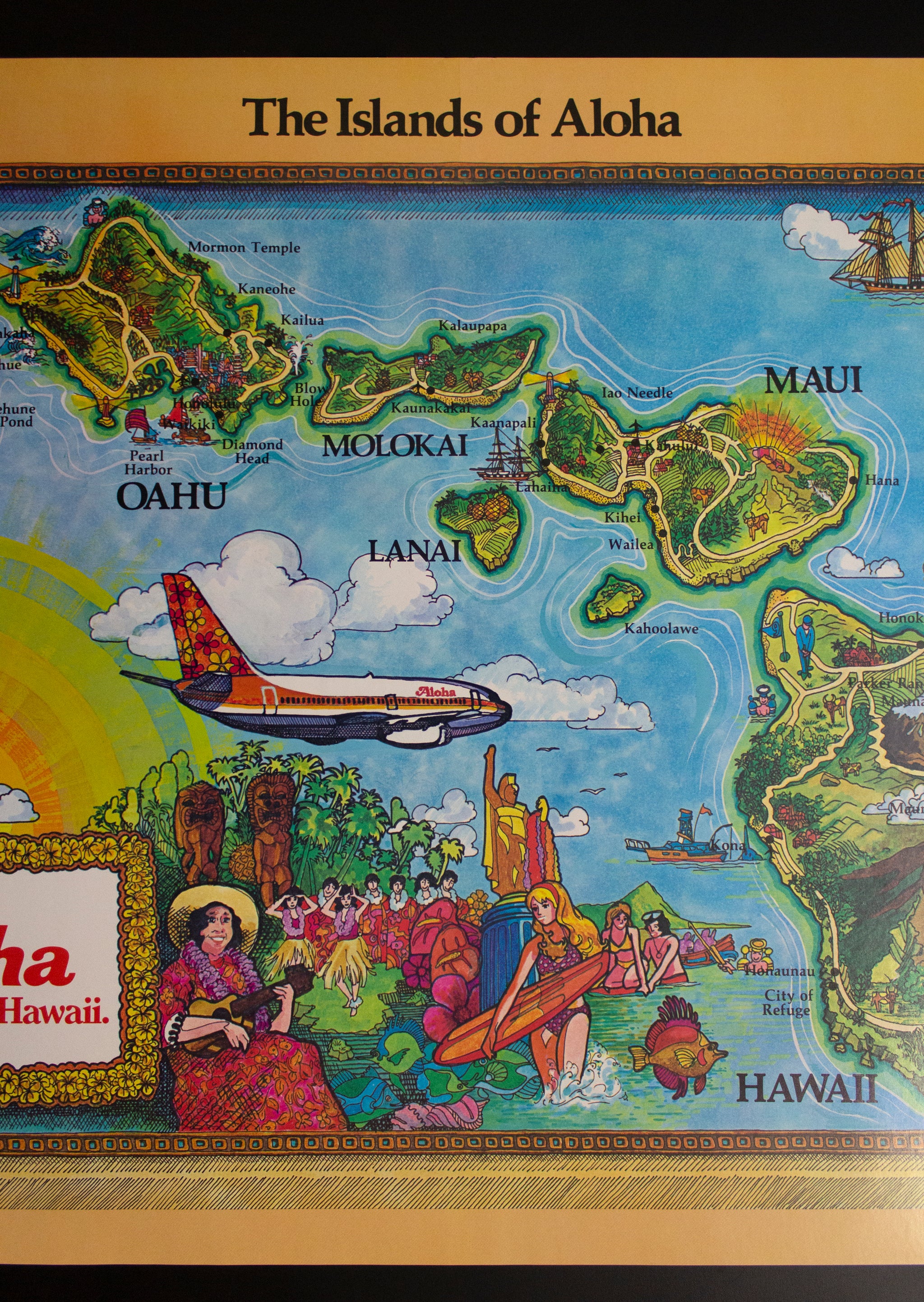 c.1970s Islands of Aloha Airlines Hawaii Pictorial Cartoon Map