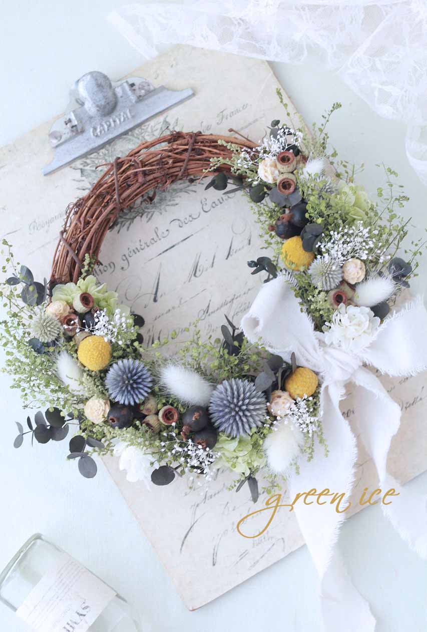 2023年1月のフラワーレッスン・なずなのナチュラルリース – green ice
