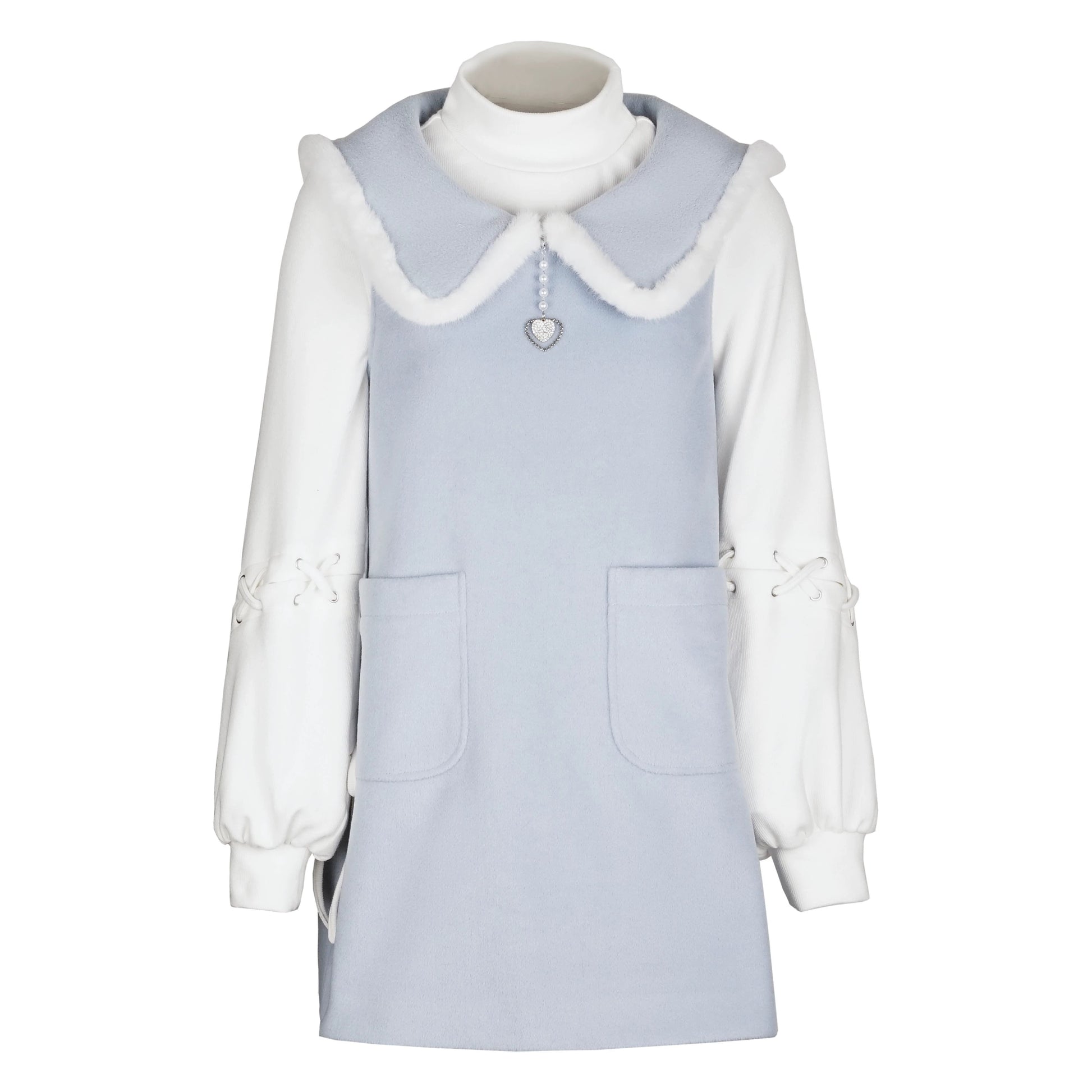 ファートリミングのシーソルトブルーワンピとコートのセットアップ