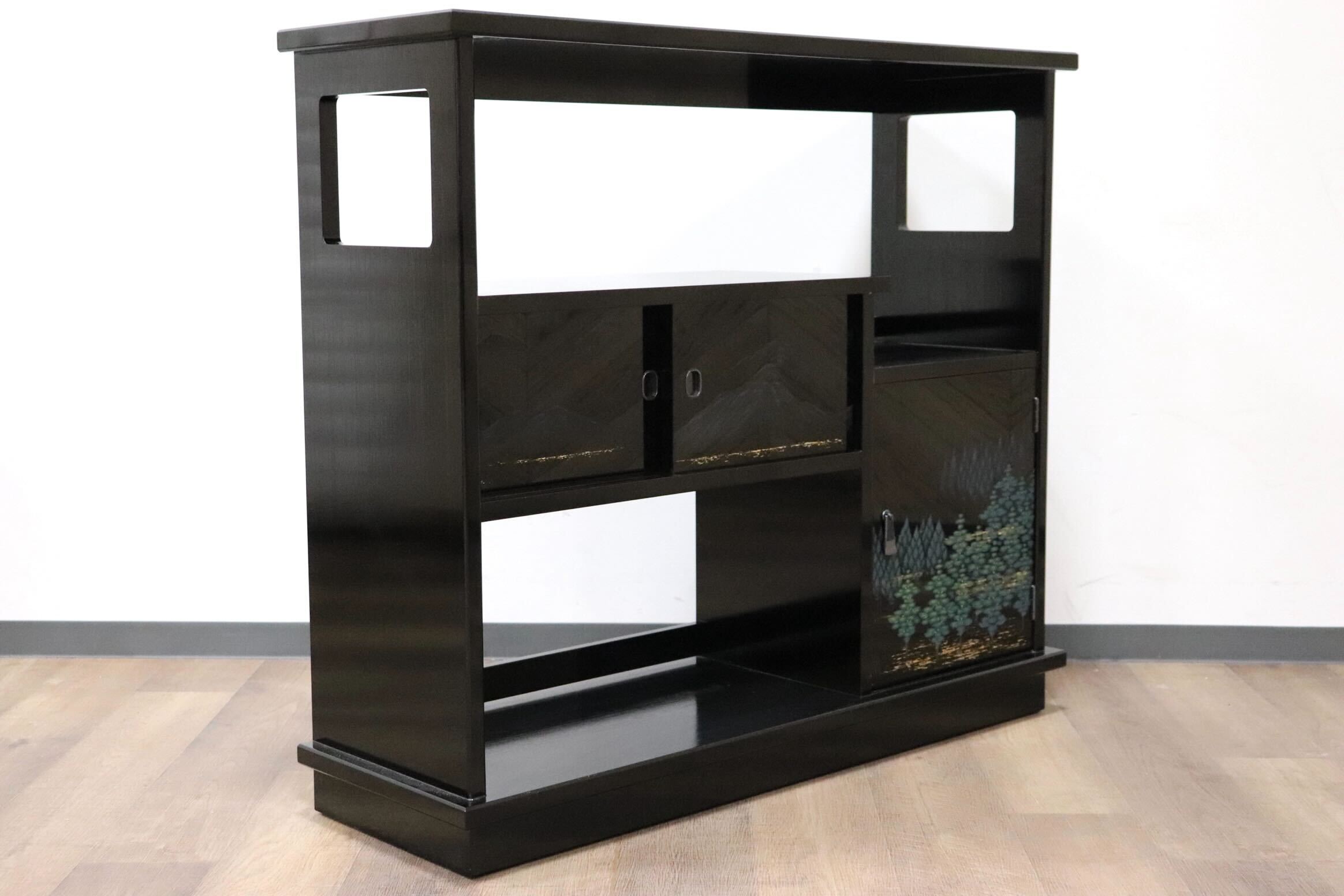 GMGF121○モリシゲ / MORISHIGE 有明 彫漆 飾り棚 茶棚 違い棚 和家具