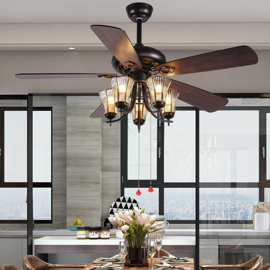 レトロシーリングファンシャンデリア - 5灯 鉄とガラス リビングルーム照明