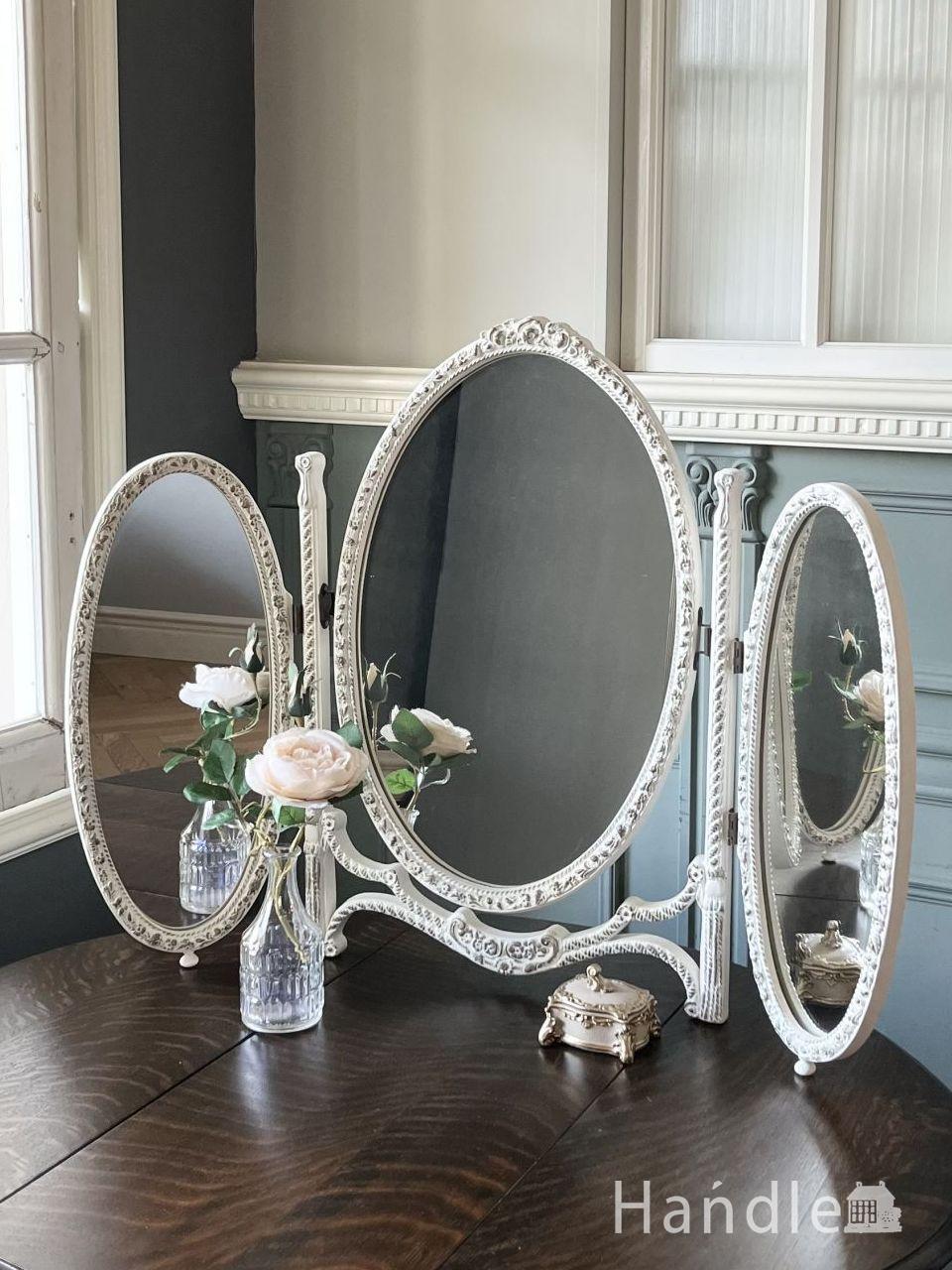 イギリスから届いた美しい置き鏡、マホガニー材のスタンドミラー(k