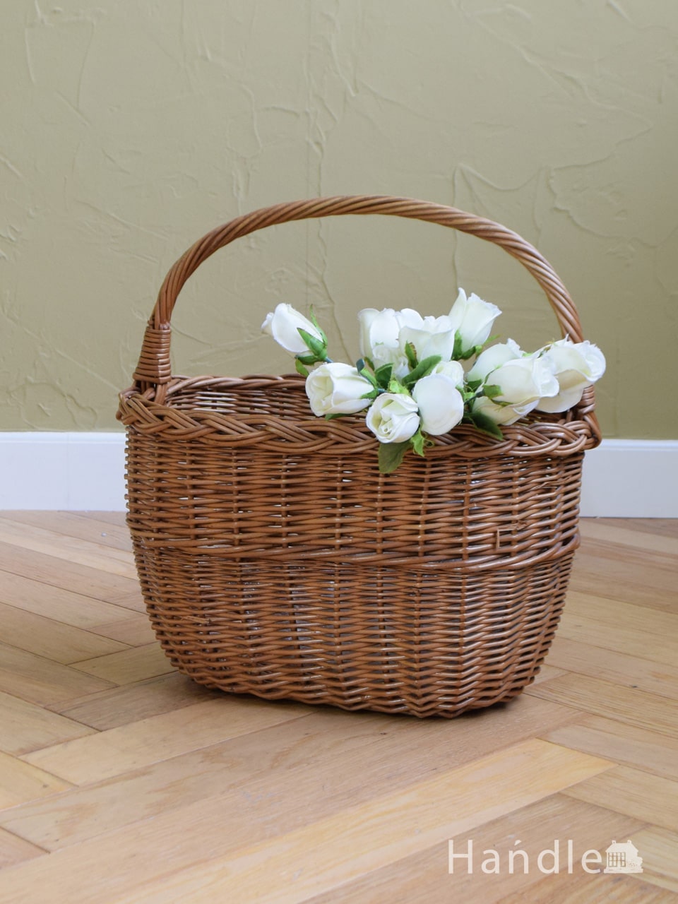 英国アンティークのおしゃれなカゴ、細かな手編みのアンティーク