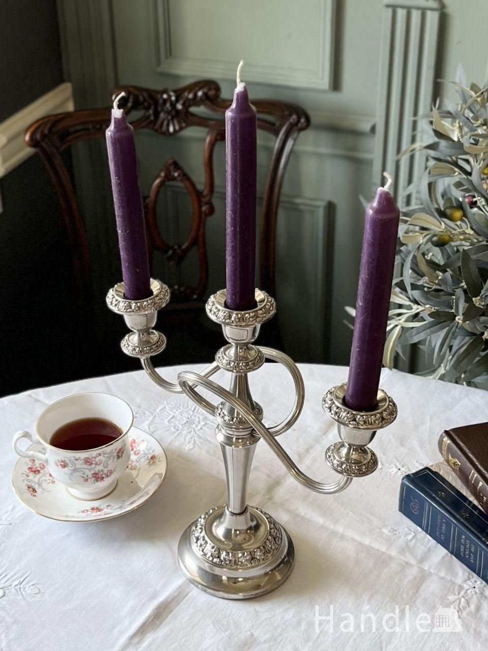 英国アンティークの3灯燭台、アールヌーヴォースタイルのキャンドル
