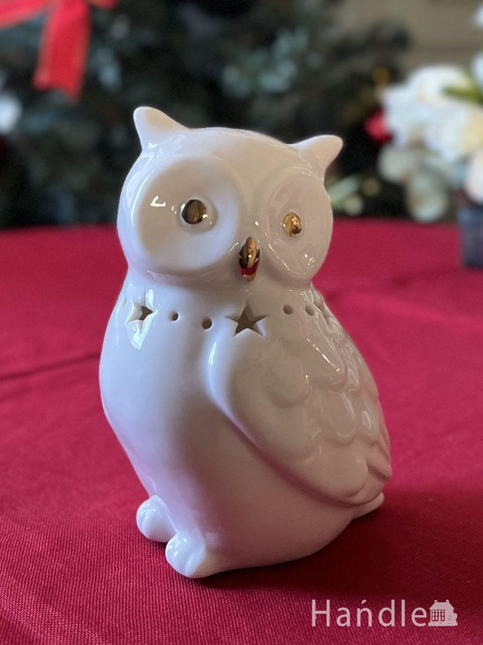 しずく型の模様が輝く陶器のLEDライト、セラミックで出来たフクロウの