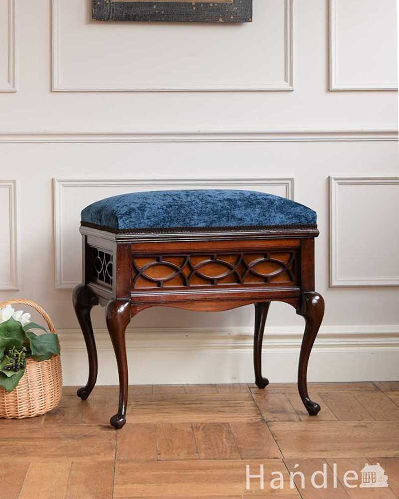 イギリスの収納付アンティークチェア、布張りの優雅なピアノスツール(q