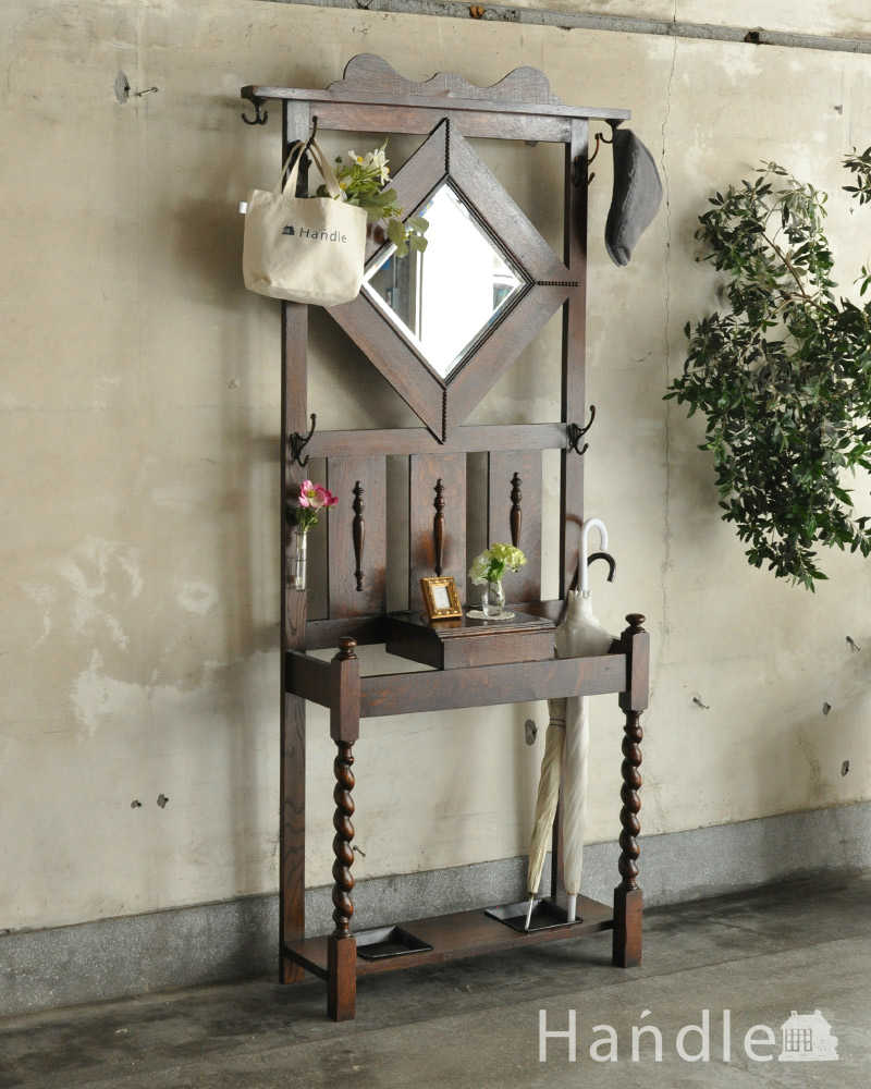 傘立てとフックがある機能的な英国アンティーク家具、ミラー付きの