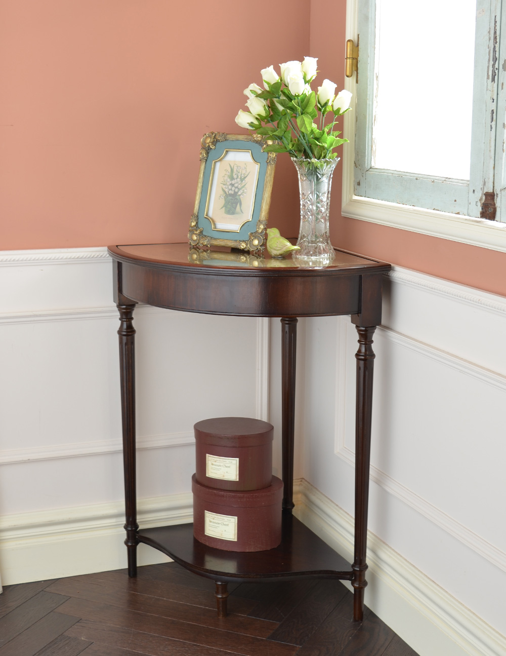 アンティークの英国家具、マホガニー材のコーナーコンソールテーブル(q