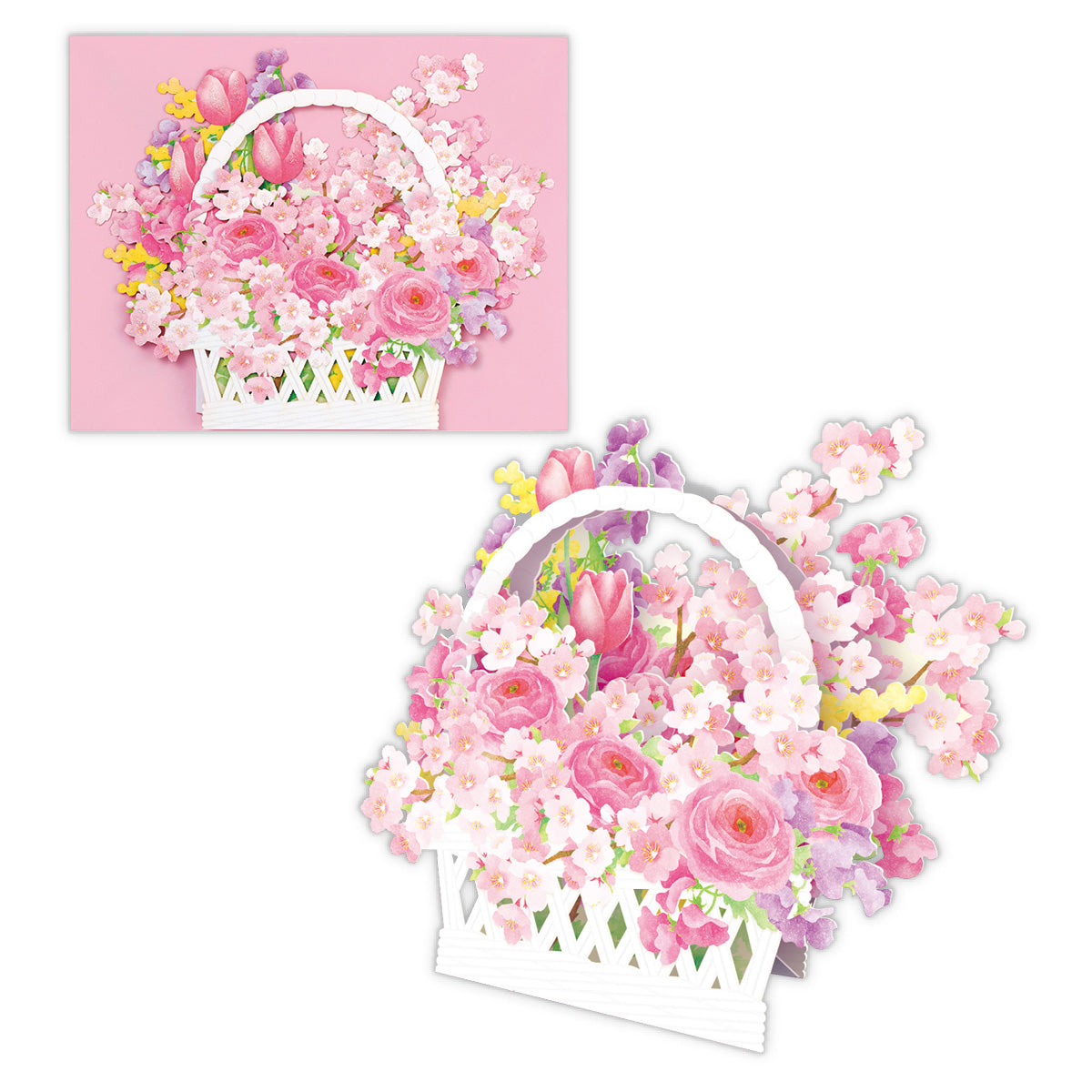 桜かごアレンジメント【春柄立体グリーティングカード】 – 日本ホール