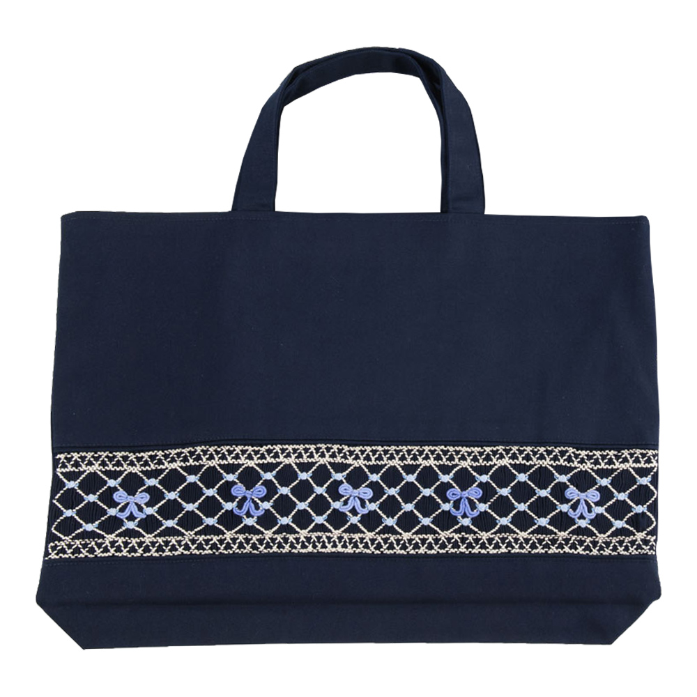 レッスン 手刺繍 スモッキング レッスンバッグ マチつき 紺色 布製