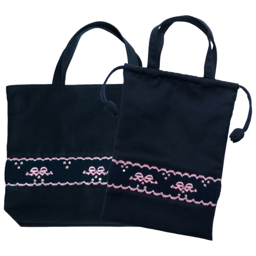 レッスン 手刺繍 スモッキング レッスンバッグ&巾着バッグセット 紺色