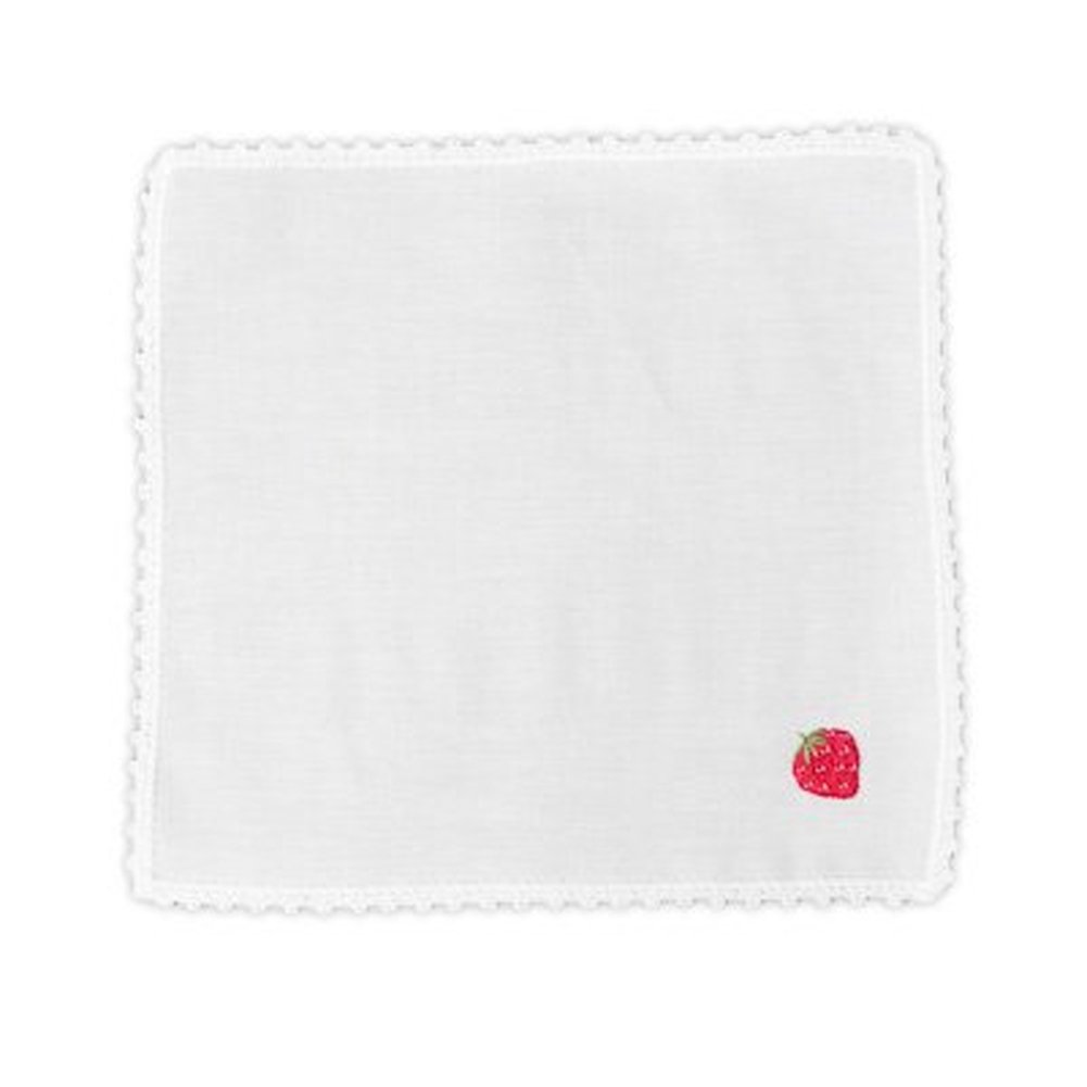 手刺繍 いちご 皺になりにくい ピコレース綿ハンカチ 15cm角サイズ｜お