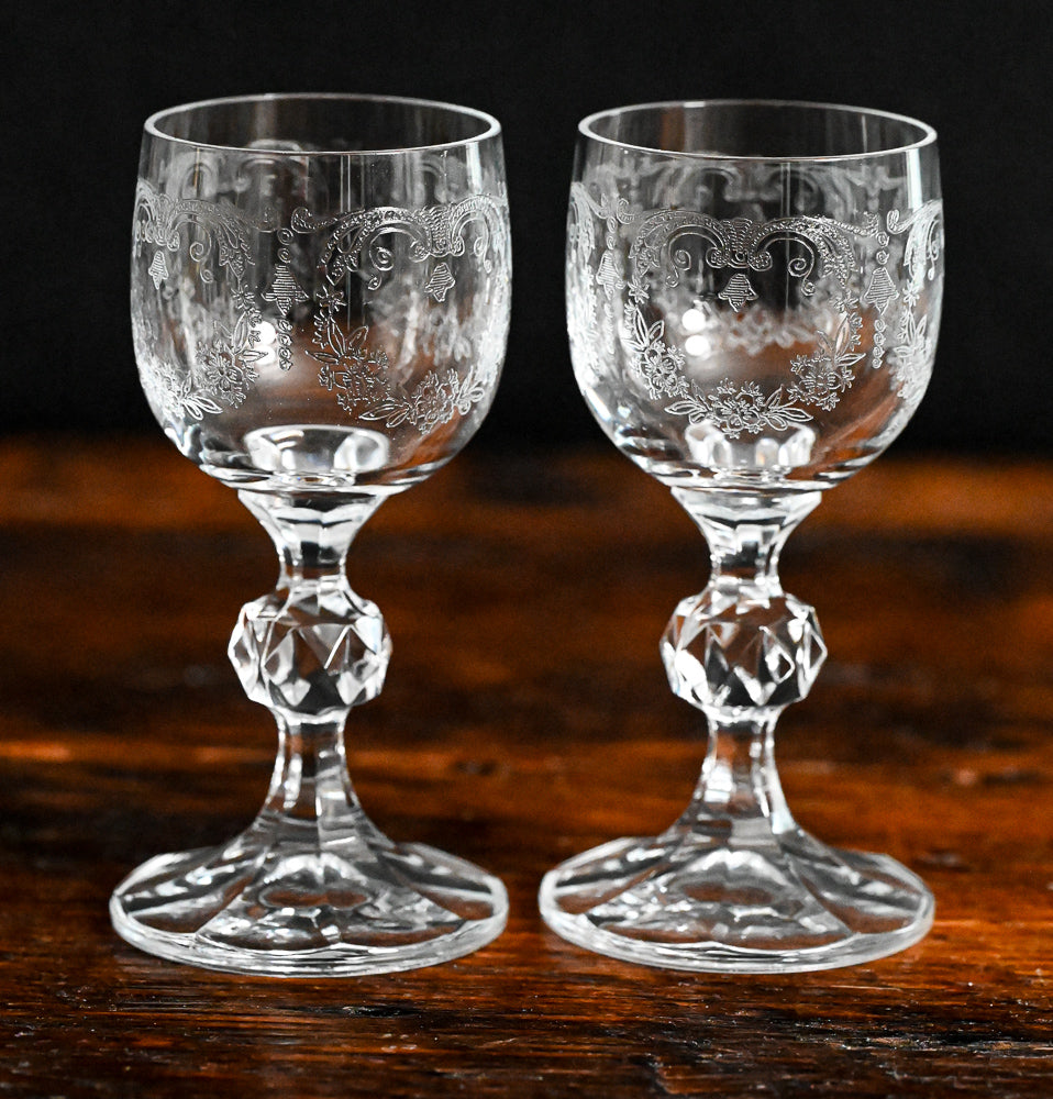 Vintage Bohemian Czech Crystal Etched Cascade Cordial Glasses