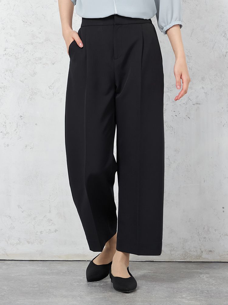 ブラック 【INDIVI】ウォッシャブル ワイドパンツ ダブルクロス 無地