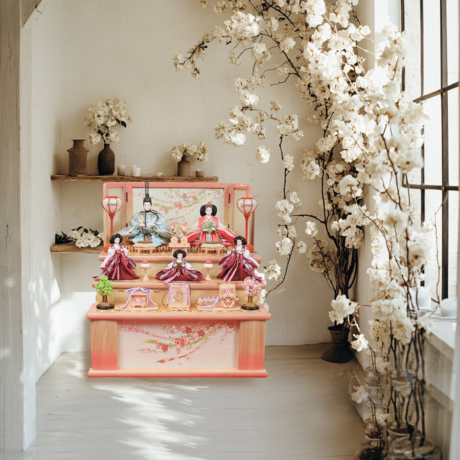 ピンク桃色で春を感じる大切にしたい雛人形収納式三段飾り【亜加莉雛