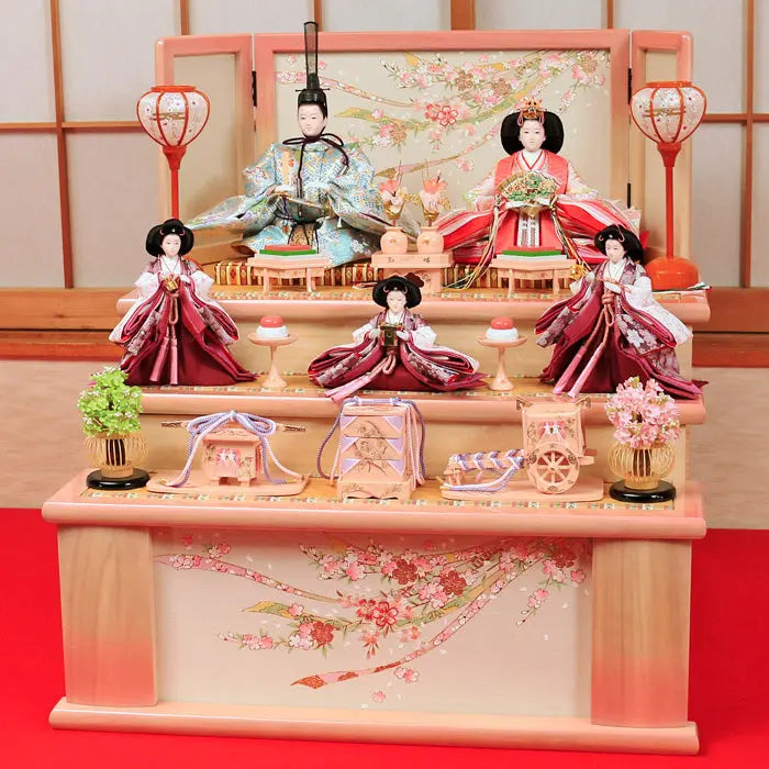 ピンク桃色で春を感じる大切にしたい雛人形収納式三段飾り【亜加莉雛