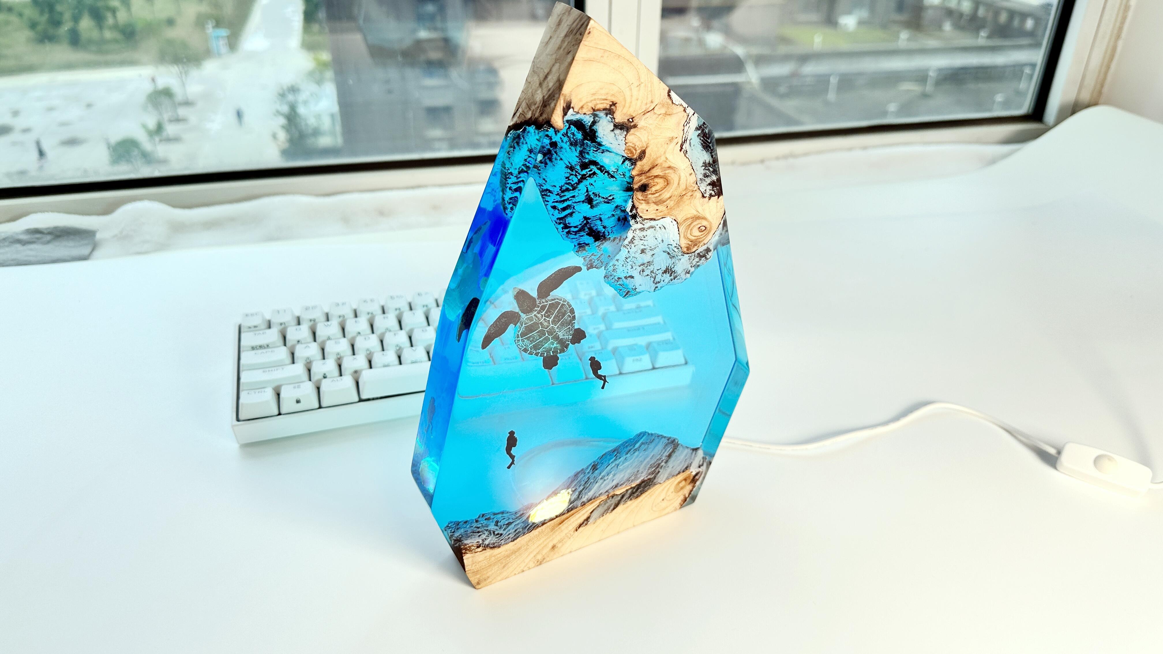 Turtle & Diver Epoxy Light, Wood Resin Ocean Cave Night Light Lamp