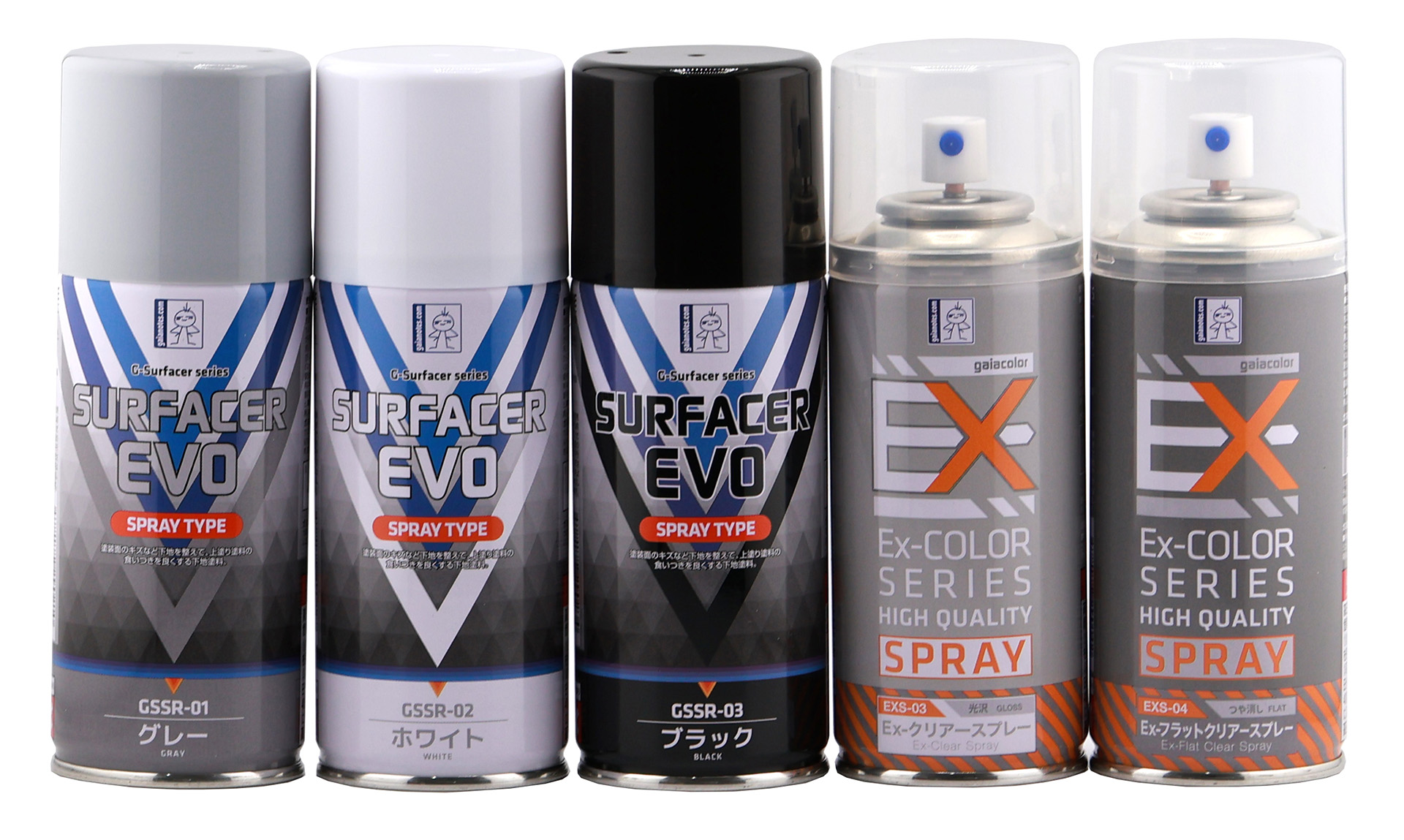ガイアスプレーシリーズ、Exクリアー系とサーフェイサーが缶スプレーで