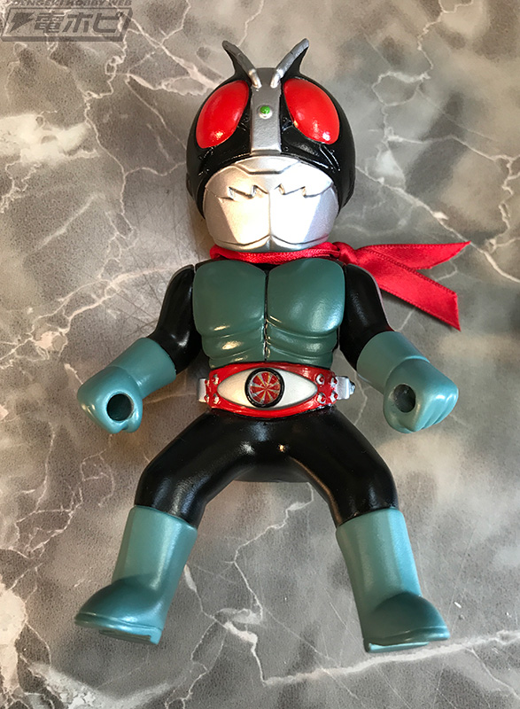 仮面ライダー旧1号、旧2号、蜘蛛男、ショッカー戦闘員が、ソフビ