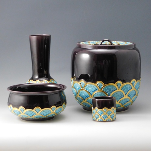 S708 皆具 『紫交趾 青海波』『平安 勝見永泉』 共箱 茶道具