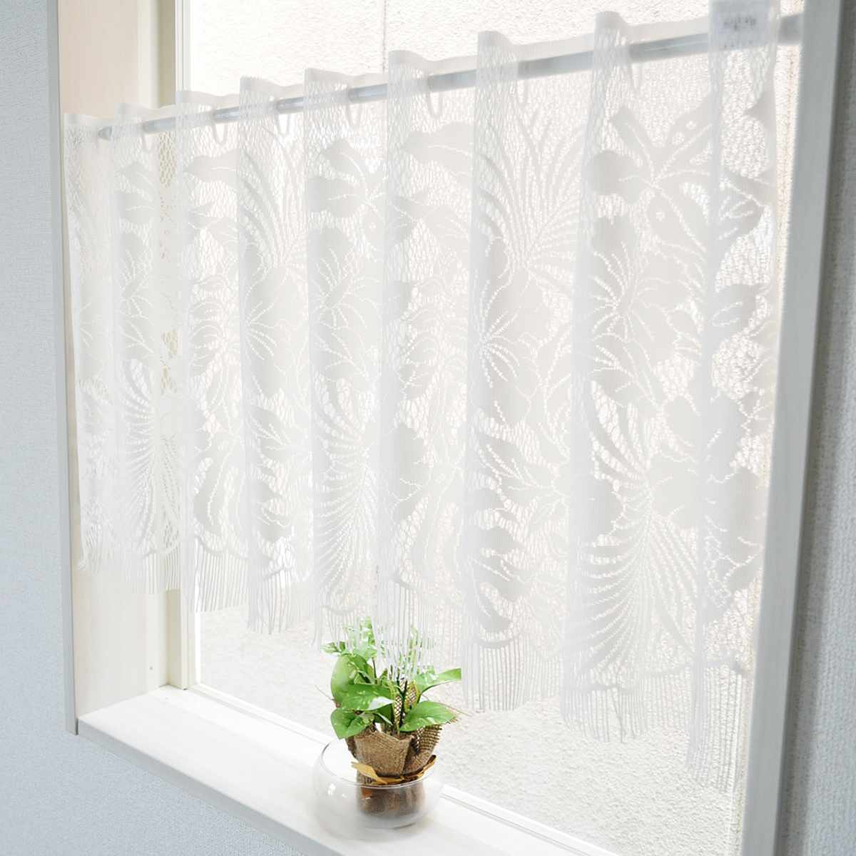 レースカーテン カフェカーテン ボタニカル柄 145×45cm フリンジ付き