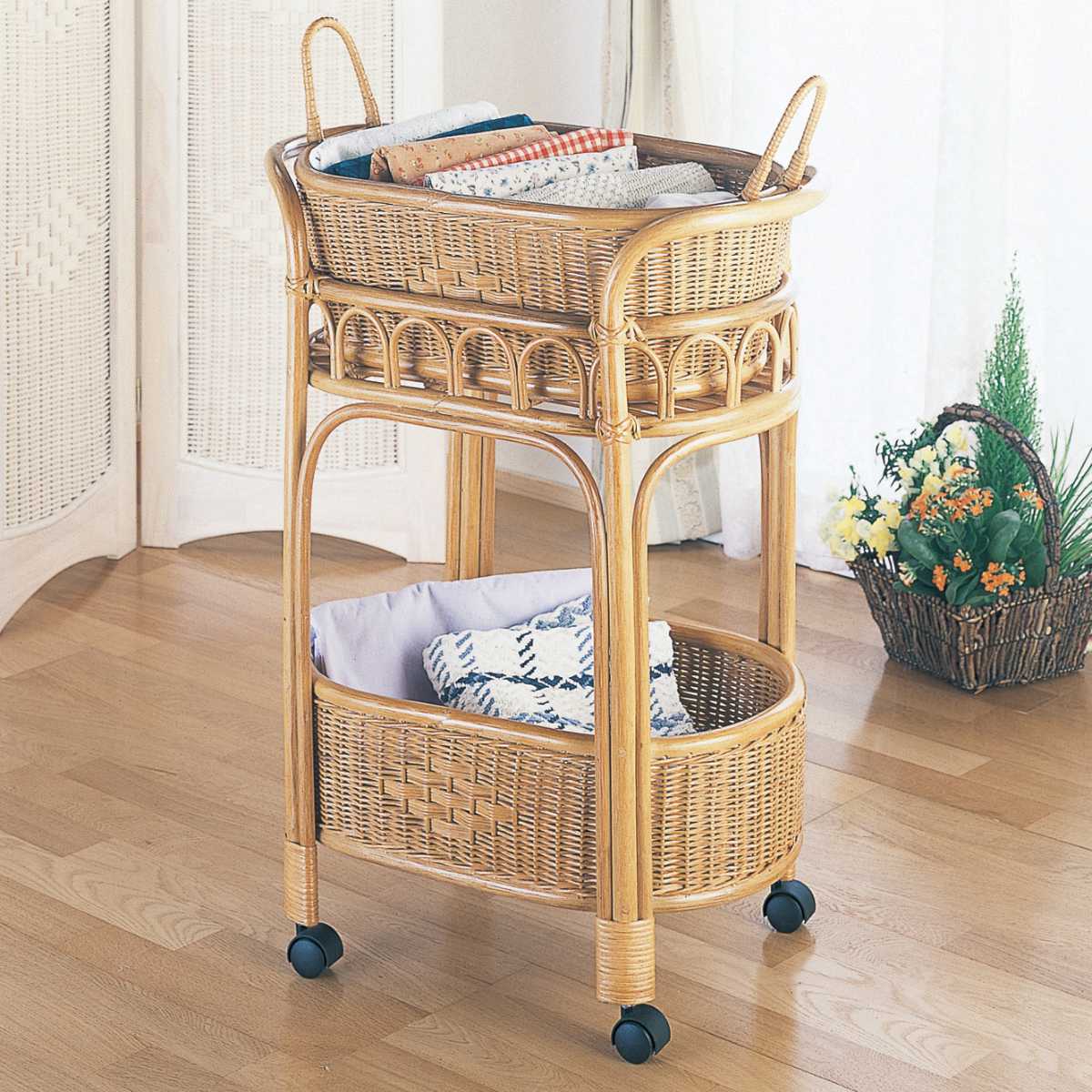 洗濯かご ランドリーラック 2段 ラタン バスケット キャスター付 籐