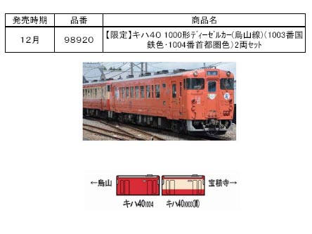 TOMIX 98920 JR キハ40（1003番国鉄復刻色・1004番首都圏色 トミックス 98920 <限定>キハ40 1000(1003番国鉄復刻色・1004番 首都圏