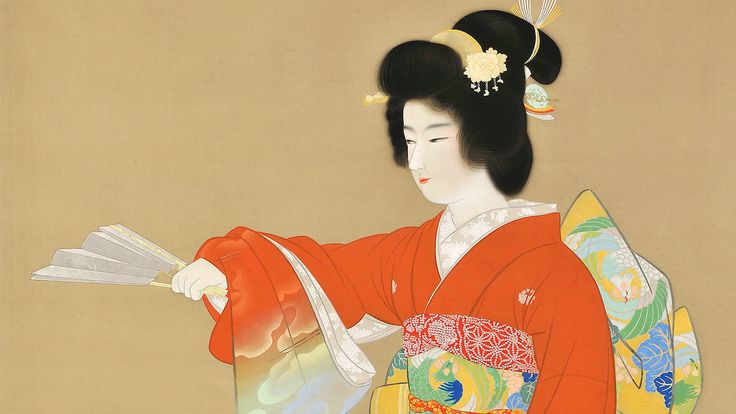 上村松園 舞子 芸者 着物美人・肉筆水彩・大型額装・日本画・ us46r