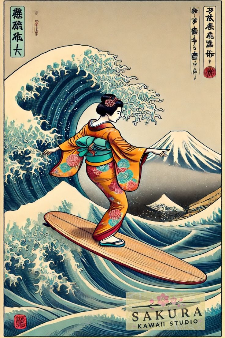 浮世絵風サーフィン芸者