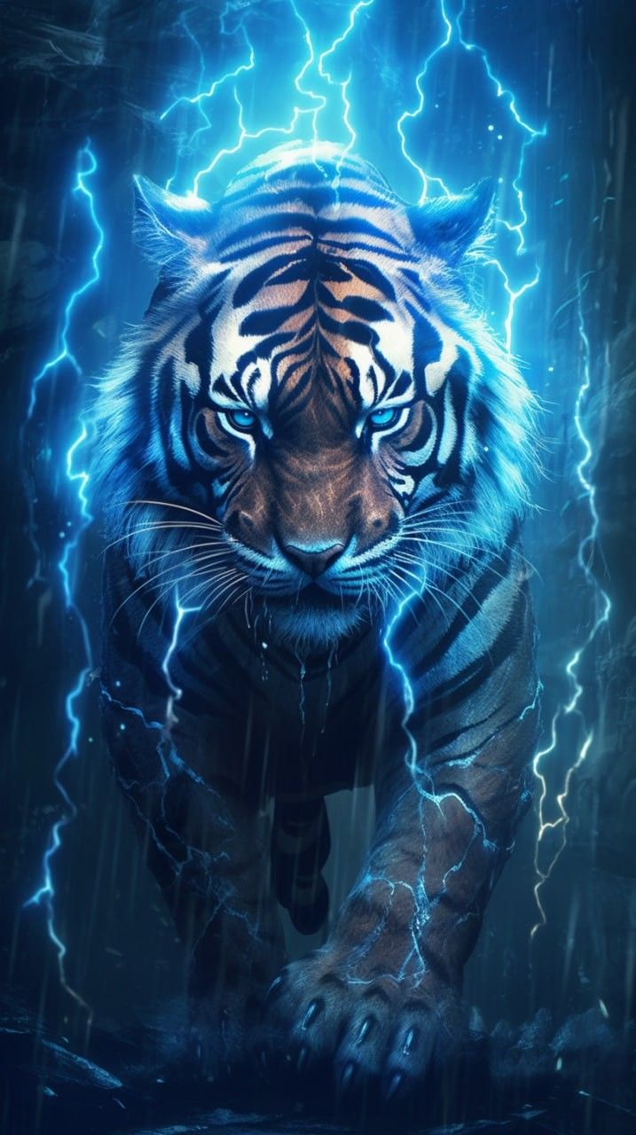 Tiger in the Rain with Lightning | Big Cats Art