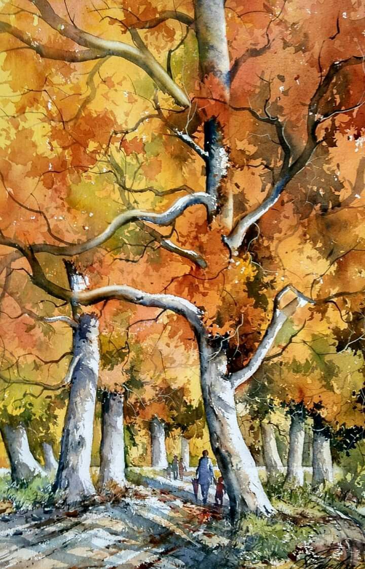 水彩画・風景画・紅葉'長野県のある秋の風景 水彩画・風景画・紅葉