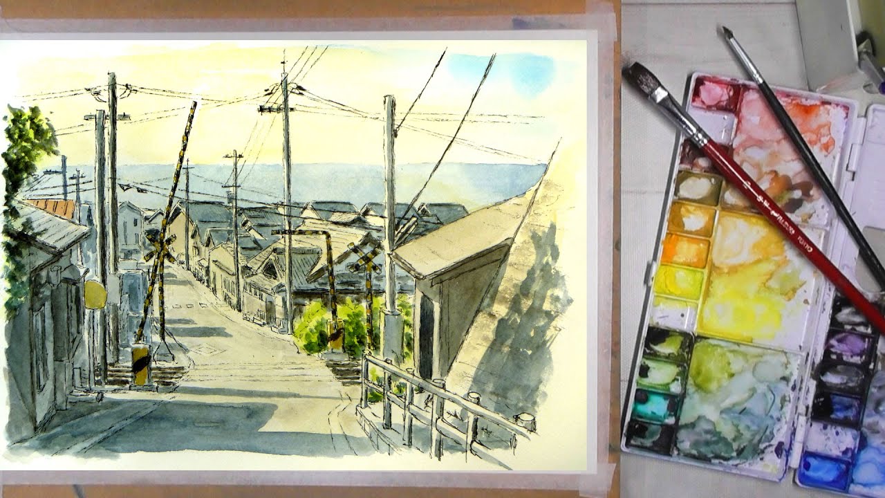 海辺に向かう坂道 ／ 鳥取県、名和駅付近 【透明水彩風景画】 Slope