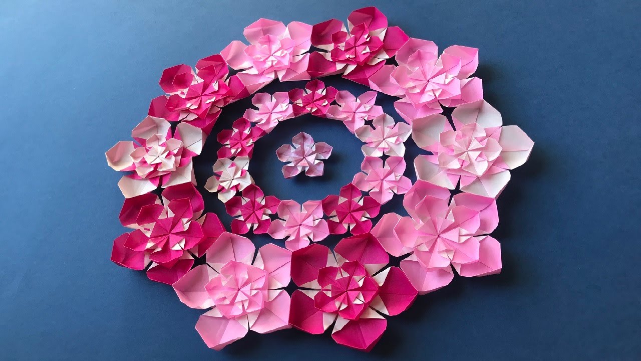 折り紙】 桃の花のリース 折り方 Origami peach flower wreath