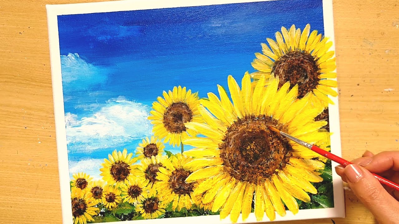 How to draw [sunflower] with acrylic paint / blue sky and