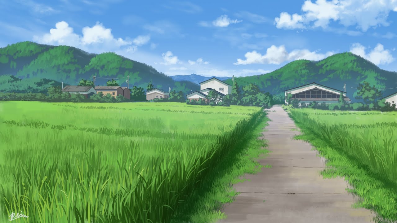背景メイキング配信 田舎の田んぼ道を描きました anime background