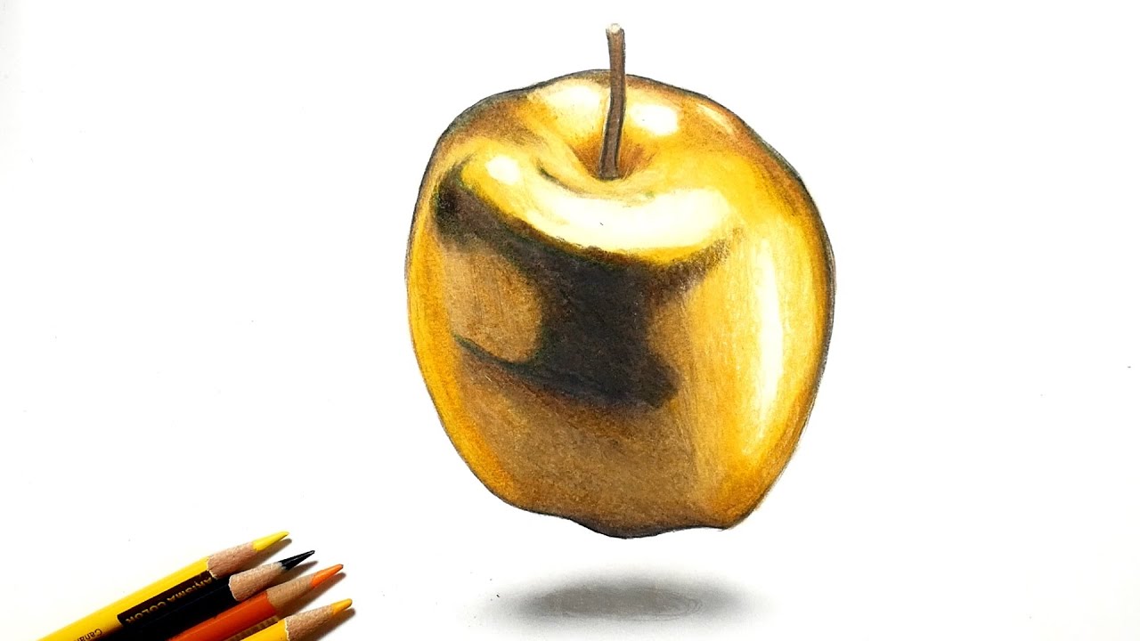色鉛筆で金のリンゴを描いてみた Draw a golden apple with colored