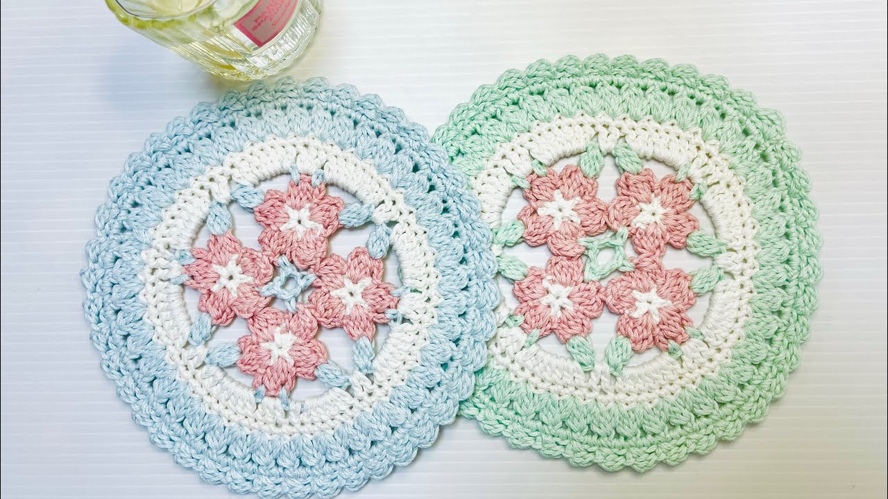 かぎ編み 桜のモチーフのコースター ドイリー 編み方 編み図あり - YouTube