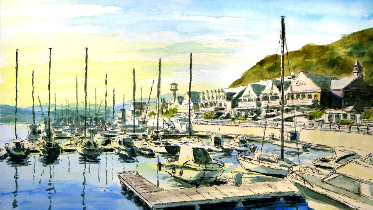 ヨットハーバーの朝【透明水彩風景画】 伊豆・伊東マリンタウン