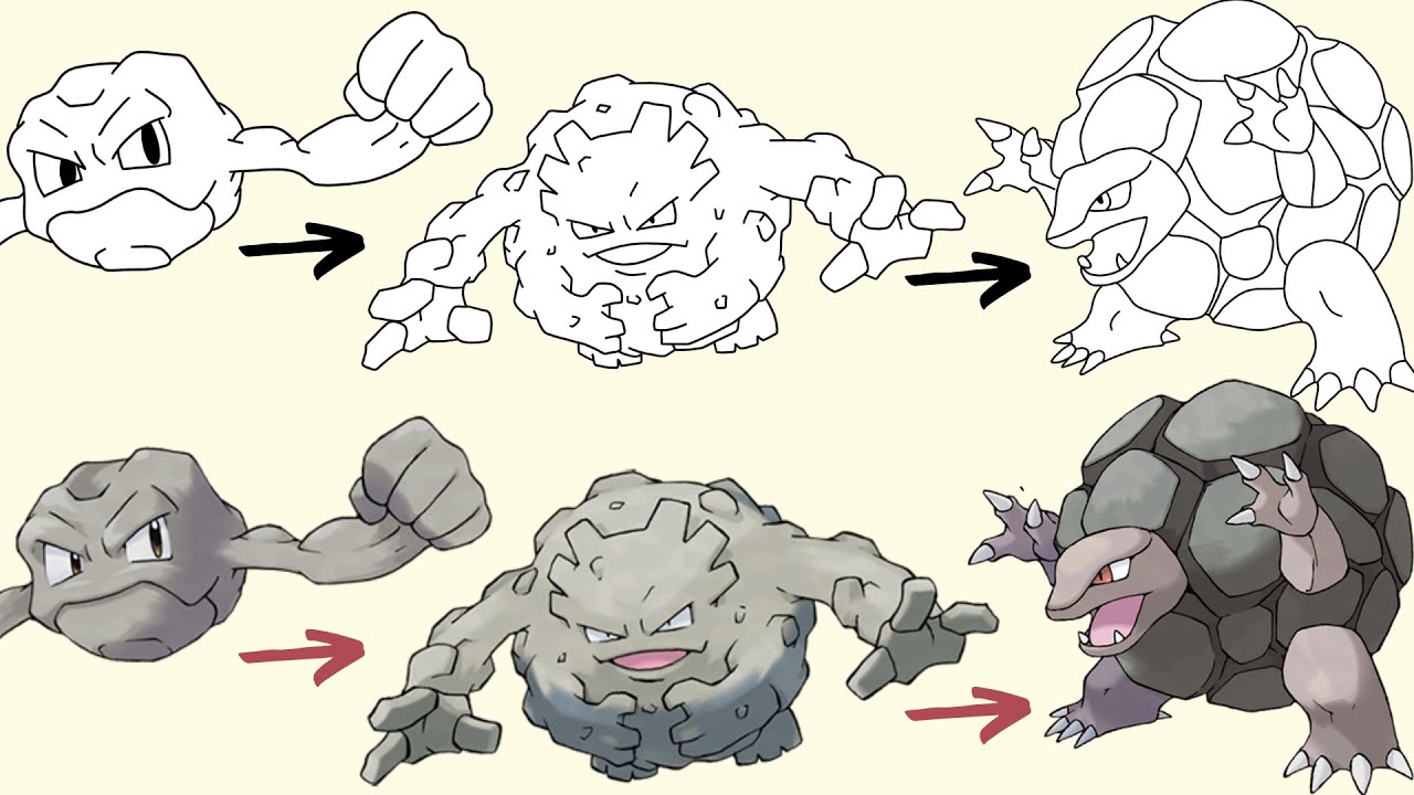イシツブテ、ゴローン、ゴローニャの描き方 | ポケモンの進化 - YouTube