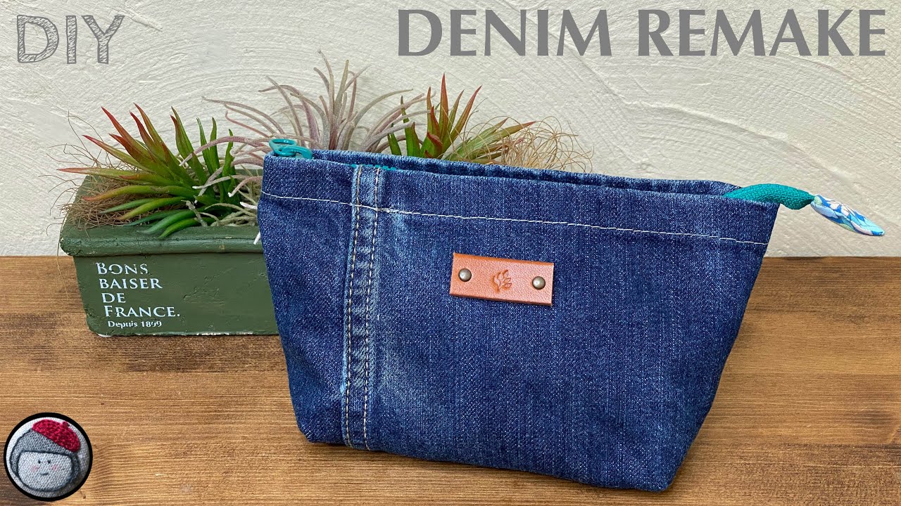 Denim remake zipper pouch made from denim hem - YouTube